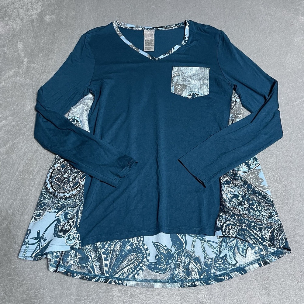 Chicos Top Womens Medium Blue Paisley Long Sleeve‎ Tunic Boho V Neck